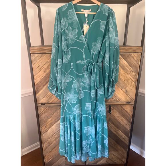 New Hutch Robyn Wrap Dress Long Sleeve V-neck Midi Teal and White Floral Large - Picture 3 of 12